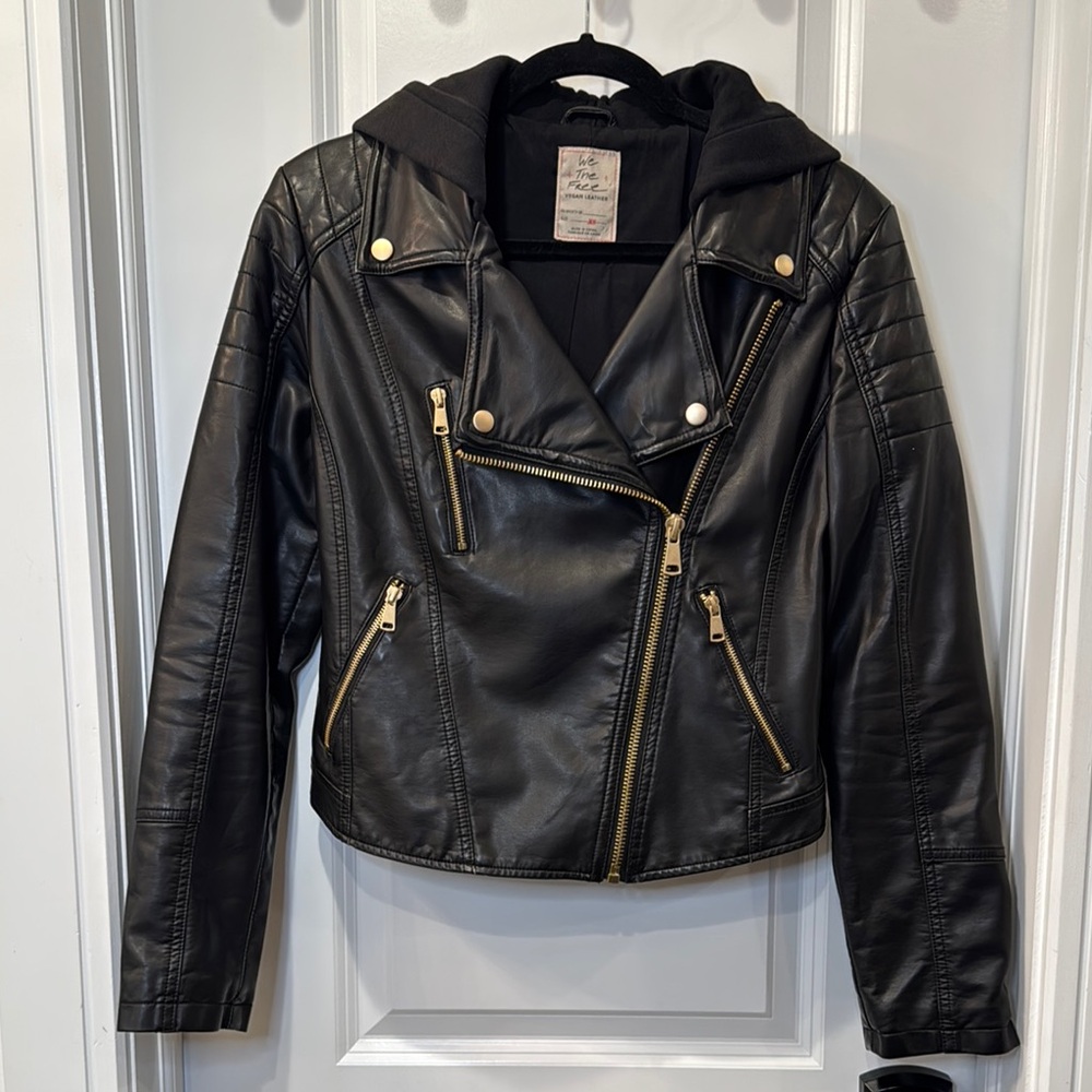 We The Free Black Vegan Leather Biker Jacket with Hoodie
